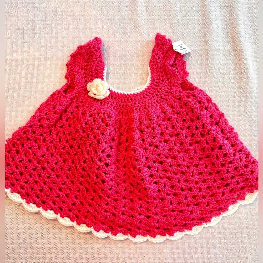 Handmade Crochet Baby Cardigan‎ Dress Pink White Flower Trim Cottagecore
